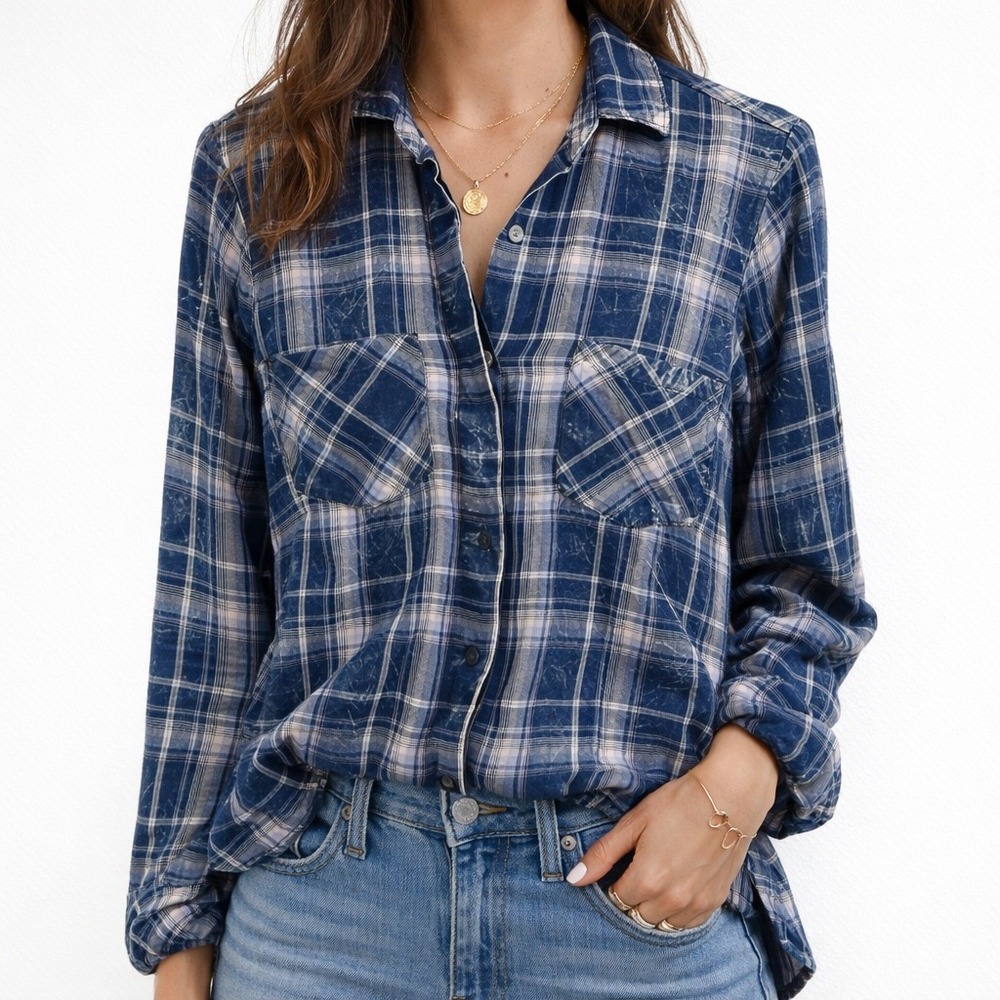 Cloth & Stone Blue Plaid Acid Wash‎ Button Shirt Anthro Boho Layer Utility Top S